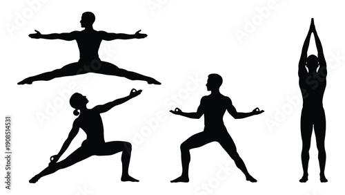 Silhouettes of people performing various yoga poses against a white background