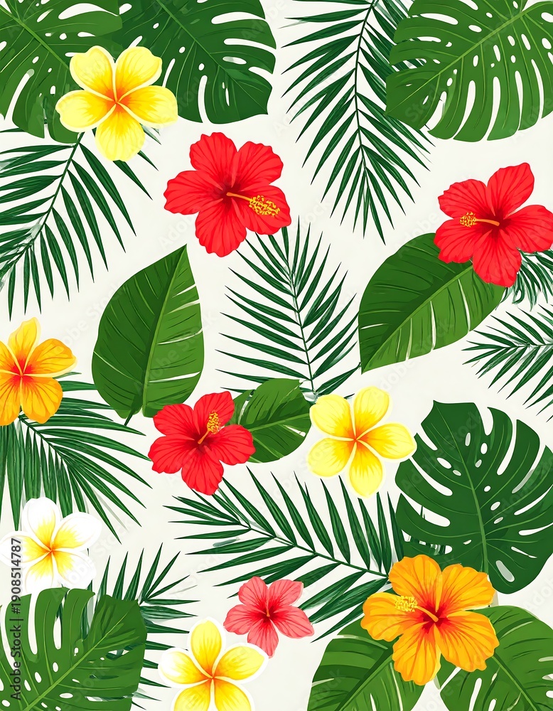 Fototapeta premium Tropical floral design with red, yellow, pink hibiscus and green foliage