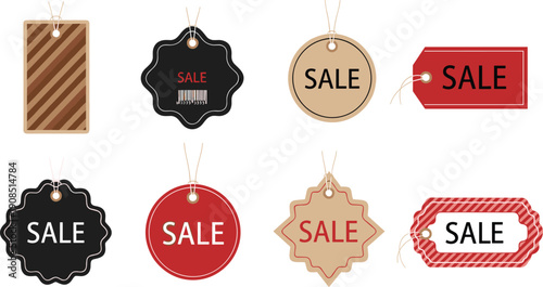 Set of various vector price tags and discount labels for retail sale promotion featuring circular, rectangular, and scalloped shapes in red, black, and brown colors.