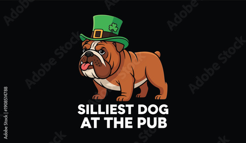Silliest dog at the pub illustration for St. Patrick's Day with a festive green hat and shamrock.