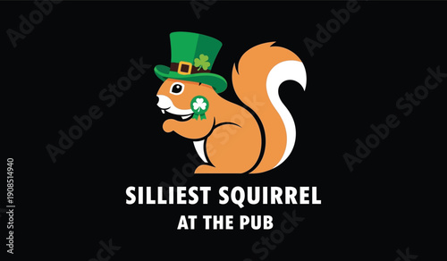 Silliest squirrel at the pub illustration for St. Patrick's Day with a festive green hat and shamrock.