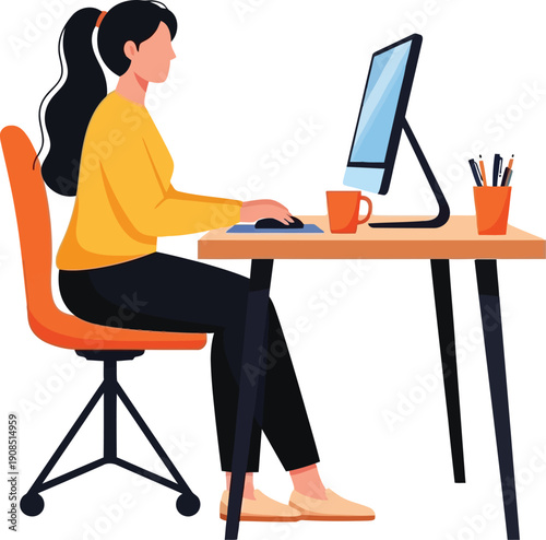 Woman working on computer at desk with office supplies
