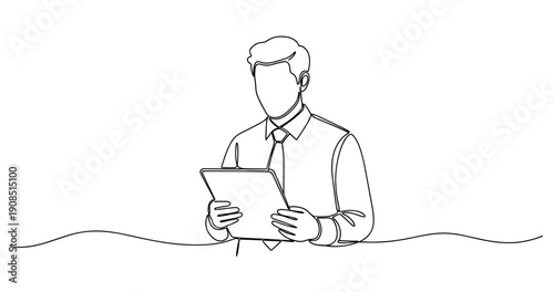 Outline of young caucasian male professional reading tablet in office attire. No editable stroke
