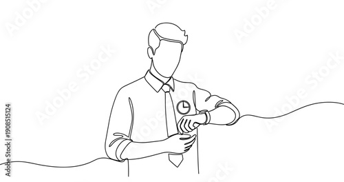 Line art of young caucasian male checking watch with business attire. No editable stroke