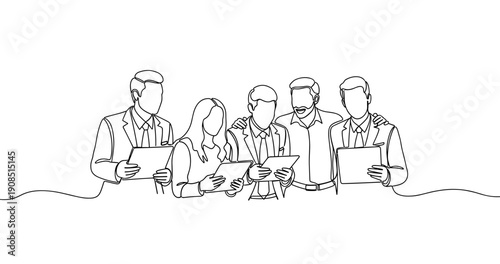 Team collaboration: diverse group of professionals analyzing documents. No editable stroke