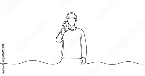 Male capturing selfie in minimalist outline art style. No editable stroke