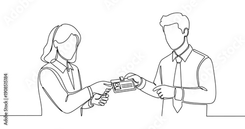 Line art depiction of diverse professionals exchanging identification card. No editable stroke