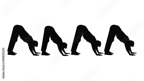 Silhouette series depicting a person transitioning through downward dog yoga poses