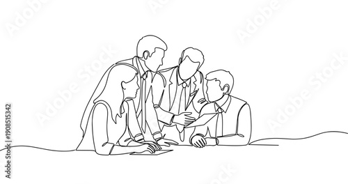 Professional team discussion: group of adults engaged in collaborative office meeting. No editable stroke