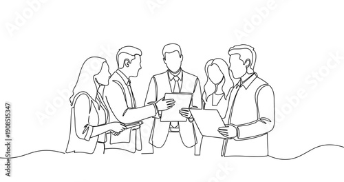 Group of professionals engaged in discussion with documents. No editable stroke