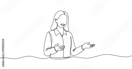 Line drawing of female adult gesturing calmly with open hands. No editable stroke