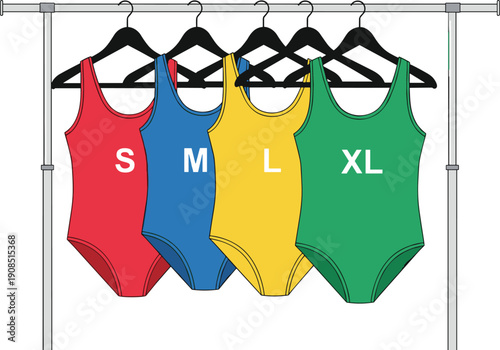 Vector Illustration of Colorful One Piece Swimsuits in Small Medium Large and Extra Large Sizes Hanging on a Clothing Rack for Retail Display.