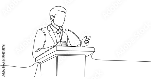 Line art of male speaker at podium delivering presentation. No editable stroke