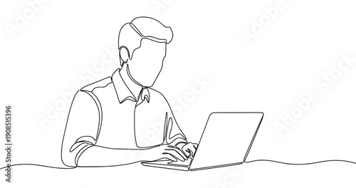 Line art of young caucasian male working on laptop. No editable stroke
