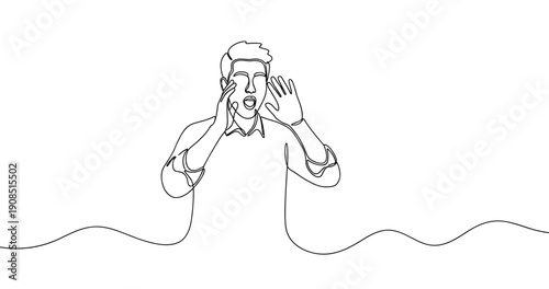 Continuous line drawing of young caucasian male shouting with hands near face. No editable stroke
