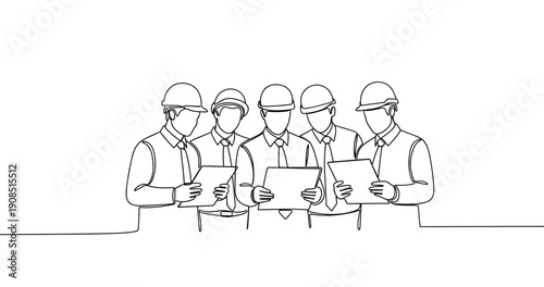 Team of engineers reviewing plans: line drawing of five male adults in hard hats. No editable stroke