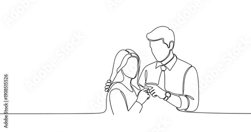 Line art of caucasian adult couple holding hands with love and affection. No editable stroke