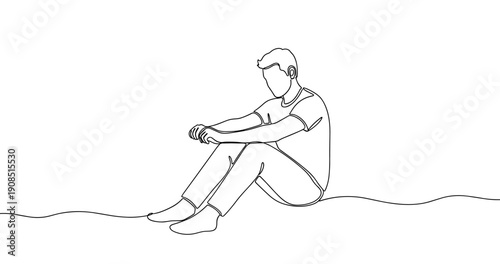 Line art of sitting young caucasian male in contemplative pose. No editable stroke