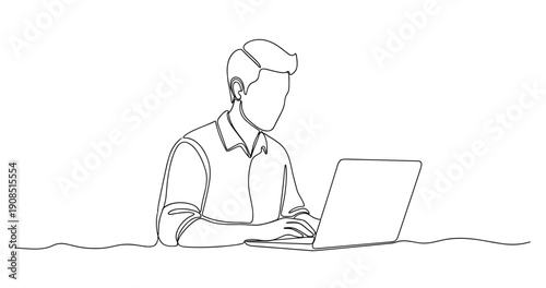 Line art of caucasian male adult working on laptop. No editable stroke