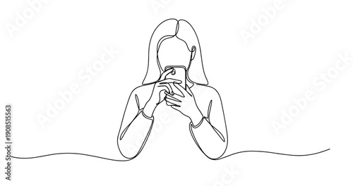 Minimalist line art of female using smartphone. No editable stroke