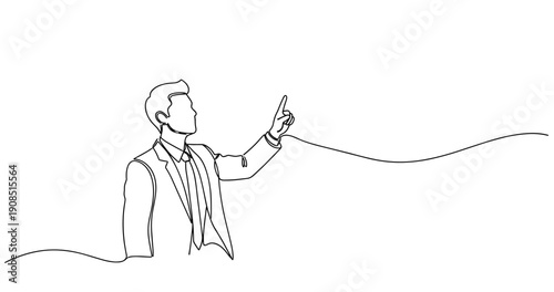 Line drawing of a young adult caucasian male in a suit pointing upward. No editable stroke