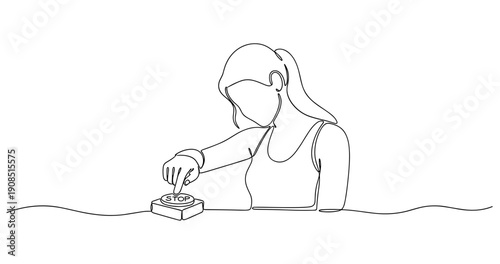 Line art of female pressing stop button with determined focus. No editable stroke