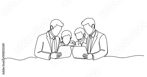 Two male caucasian adults and two children collaborating with tablets. No editable stroke