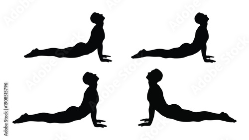 Four silhouettes demonstrating the progression of the cobra yoga pose