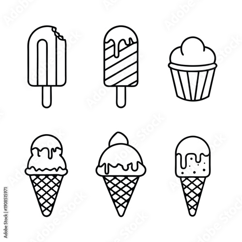 Line Art Ice Cream Collection Popsicle, Sundae, Cone, Treat, Sweet, Outline, Black