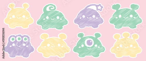 Cute Pastel Alien Sticker Set: Hand-Drawn Scribble Monster Clipart for Kids & Creative DIY Projects