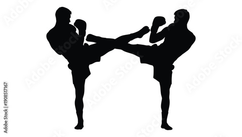 Silhouetted figures engaged in a dynamic muay thai kickboxing exchange