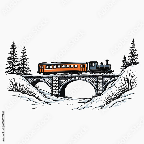 Vintage steam train crossing stone bridge in snowy winter landscape  