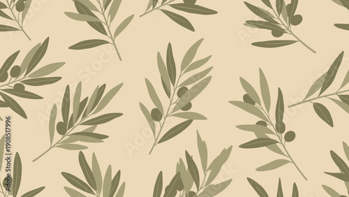 Olive Branch Pattern, Seamless Botanical Design, Vintage Style, Mediterranean Theme