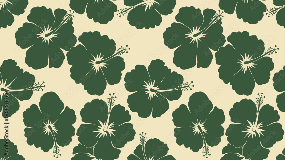 Fototapeta premium Seamless Green Hibiscus Flower Pattern on Creamy Background