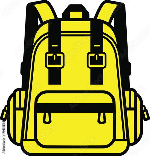 Bright yellow backpack with black straps and multiple compartments for outdoor activities