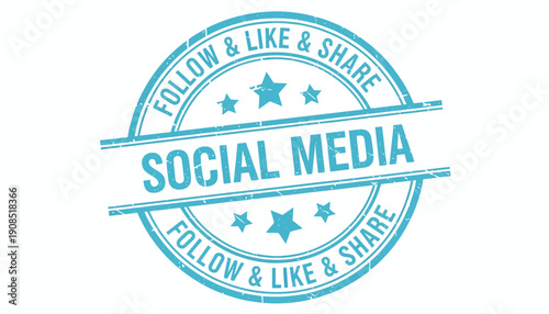 Social media stamp with follow and share icons around a central star design