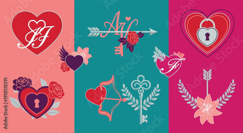 Valentine's Day symbols and icons with hearts, love, and romance