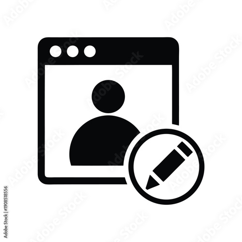 Black Silhouette of User Profile in Window with Pencil Icon, Edit Symbol Isolated