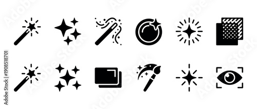 Black glyph icon set for photo editing and image enhancement, featuring magic wands, sparkles, layers, and retouching tools for applying special effects and filters