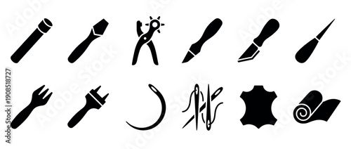 Set of black leatherworking tool icons including a punch, awl, needle, and knife for crafting and handmade hobbies, presented in a simple glyph style for graphic design elements