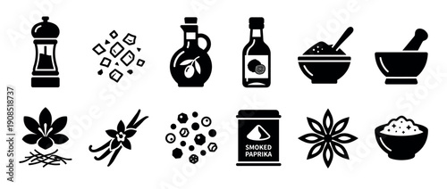 Collection of black spice and seasoning icons including a pepper mill, olive oil, paprika, saffron, vanilla, and star anise presented in a minimalist glyph style