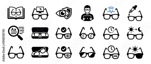 Set of black solid glyph icons representing eyeglasses, vision care, optometry, and ophthalmology concepts like reading, protection, and eye tests for user interface design