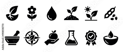 Set of black glyph icons representing natural ingredients, organic farming, herbal medicine, and scientific research for eco-friendly product development and quality assurance
