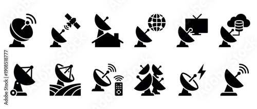 Set of black satellite dish icons representing telecommunication, broadcasting, and global data transmission technology in a simple glyph style for various applications