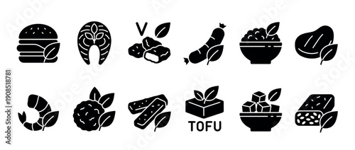 Set of black glyph icons representing plant-based food alternatives and vegan protein sources, including minimalist symbols for a veggie burger, fishless fillet, tofu, and meat-free sausage