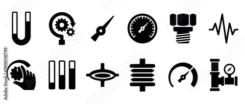 Set of twelve black industrial glyph icons representing engineering, mechanics, and physics concepts like pressure gauges, gears, valves, and magnetism for various applications