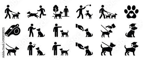 Collection of black dog training icons showing a person walking, playing, and teaching a pet obedience commands, including a whistle, paw print, and a puppy with a graduation cap