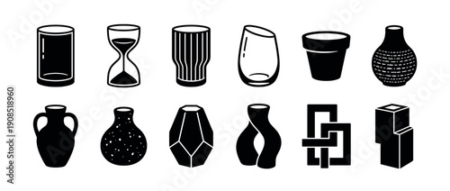 Collection of black and white vessel icons showing various shapes like vases, glasses, and abstract geometric forms in a minimalist graphic style illustration