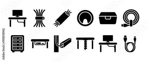 Set of black glyph icons for cable management showing organizers, desks, computers, wires, and connectors in a minimalist vector style for office or home setup concepts