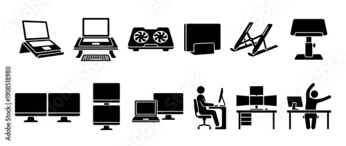 Set of black glyph icons depicting various computer workstation setups, ergonomic accessories, and office equipment for a modern digital workspace in a minimalist vector style